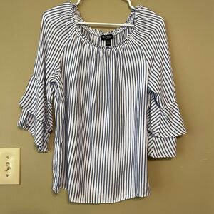 I.N. Studio Womens Blue White Stripe Flutter Sleeve Blouse Petite Large
